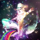 A cat wearing a cowboy hat riding a shark that is vomiting a rainbow through a starry space background.
