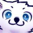Wolf character with bright blue eyes and a playful, mischievous grin.