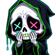 A cartoon grim reaper with neon green and pink accents holding its face in its hands with X-shaped eyes.