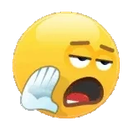Yellow emoji face looking bored with a hand held up in a stop gesture and mouth open.
