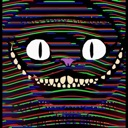 Cheshire Cat with a wide, toothy grin and glitchy, distorted colorful lines over a black background.