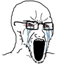 A line-art drawing of a man wearing glasses, crying and screaming with his mouth wide open.