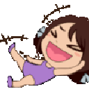 A cute chibi girl with brown hair wearing a purple dress laughing while rolling on the ground.