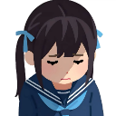 Anime schoolgirl with dark hair and blue ribbons looking down with a sad, disappointed expression.