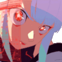 Lucy from Cyberpunk: Edgerunners with glowing red eyes and a digital hacking interface overlay.