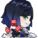 Yelan from Genshin Impact with a smug expression tossing red dice in a chibi art style.