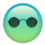 A round face with a teal and green gradient wearing black round sunglasses.