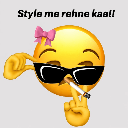 A yellow smiley face wearing black sunglasses and a pink bow, holding a cigarette with a smug expression.