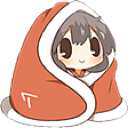 A cute chibi anime girl with brown hair wrapped snugly in an orange blanket with a small white logo.