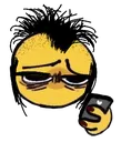 A tired character with dark circles under their eyes looks down at a smartphone with a sighing expression.