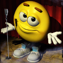 Yellow smiley face shrugging on a stage next to a microphone.