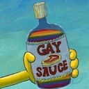 SpongeBob SquarePants holds a bottle labeled Gay Sauce with a rainbow-colored liquid inside.