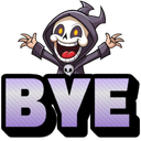 A cartoon skeleton reaper in a dark hood waving with both hands above the word BYE in purple letters.