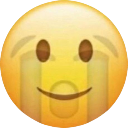 Yellow emoji face with a forced smile and tears streaming down both cheeks.