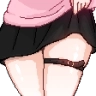 Thighs of an anime character wearing a black skirt and a brown garter.