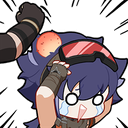 Anime character with goggles looking shocked and crying while being punched on the head.