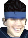 Solid Snake wearing a blue bandana with an exaggerated wide grin on his face.