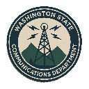 Radio tower emblem with mountains in the background and the text Washington State Communications Department.