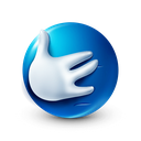 Hand performing the Vulcan salute gesture centered on a glossy blue sphere.