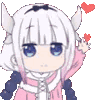 Kanna Kamui with white hair and horns waving her hand happily.