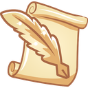 A tan parchment scroll with a large feather quill pen resting on top.