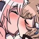 Two anime characters with blushing cheeks sharing a close-up kiss.