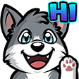 A cute gray wolf pup with blue eyes smiling and waving its paw with the word HI in blue text above it.
