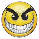 Yellow smiley face with a wide, toothy grin and furrowed eyebrows expressing mischief.