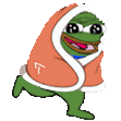 Pepe the Frog wrapped in an orange blanket running with a happy expression.