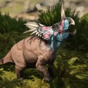 Styracosaurus dinosaur roaring with its mouth wide open in a lush environment.