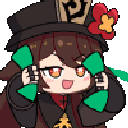 Hu Tao from Genshin Impact smiling while waving stacks of green money in a chibi art style.