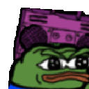 Pepe the frog wearing a purple boombox and bobbing his head to music.