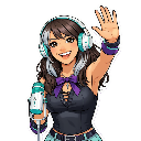 Anime girl with headphones and a microphone waving her hand in a friendly gesture.