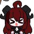 A chibi-style character with horns getting hit on the head with a gray hammer.