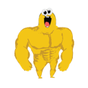 A yellow cartoon character with an exaggerated muscular body and a wide-eyed, surprised expression.
