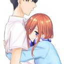 Miku Nakano hugging a boy with a gentle and loving expression.