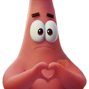 Patrick Star making a heart shape with his hands while looking up with a sweet expression.