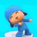 Pocoyo dancing happily with a big smile while wearing his signature blue outfit.