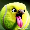 A yellow tennis ball with a bird face and a long pink tongue sticking out, looking extremely angry and shouting.