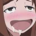 Anime girl with an exaggerated ahegao expression, flushed cheeks, and drool.