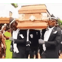Pallbearers in suits and sunglasses carrying a coffin while dancing.