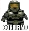 Master Chief in a squat chibi form with the text CONFIRMO underneath.