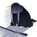 Anime character kneeling in despair with a sword lying on the ground in front of them.