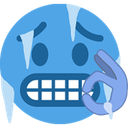 A blue emoji face with icicles hanging from its head making an OK hand gesture while shivering.