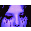 Face with closed eyes and black tears streaming down in a purple color palette.