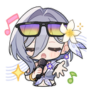 Selene with sunglasses singing into a microphone with musical notes floating around.