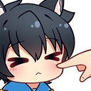 Anime boy with cat ears having his cheek poked by a finger with a grumpy expression.