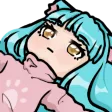 Anime girl with teal hair lying down with a blank, deadpan expression.