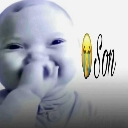 Baby face with a distorted expression next to a crying emoji and the word Son.