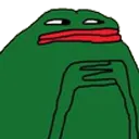 Pepe the Frog with squinted eyes and hands held to his chin in a plotting gesture.